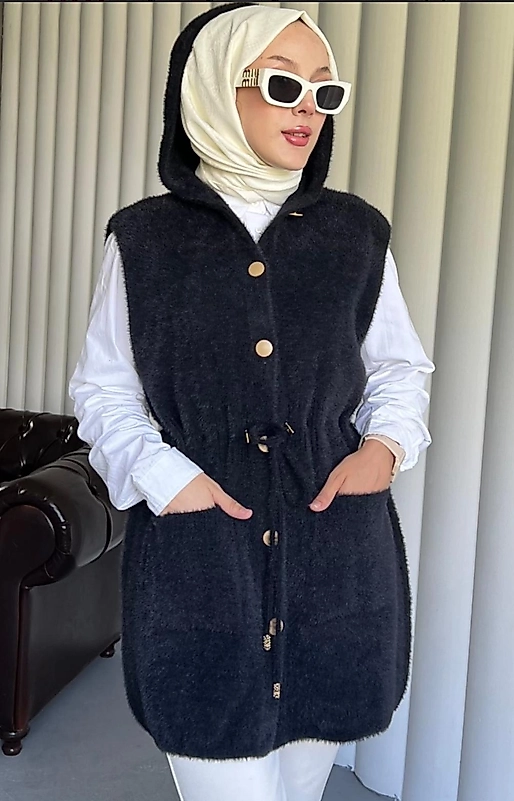 Angora Kapişonlu Yelek Siyah Renk