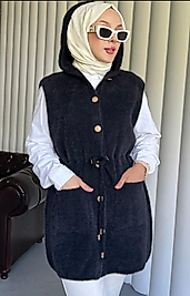 Angora Kapişonlu Yelek Siyah Renk