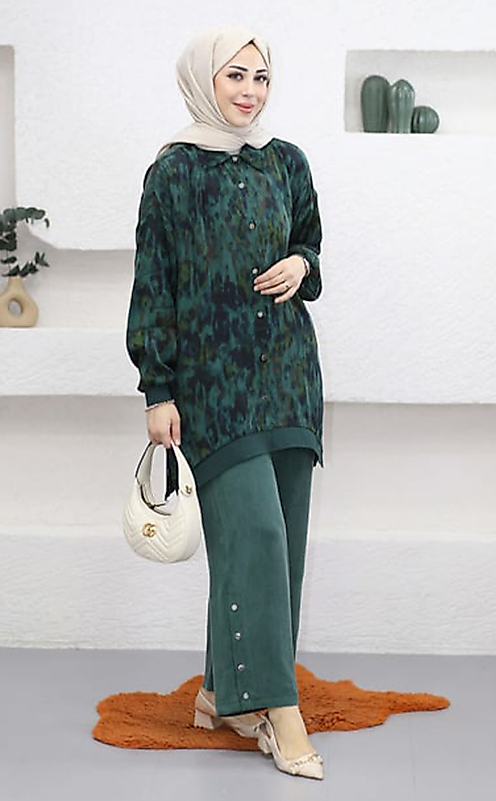 İpek Qupra Desenli Paça Zımba Detaylı Kadın Takım