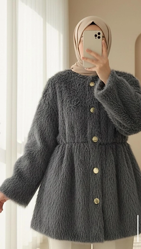 İçi Astarlı Beli Büzgülü Kürklü Ceket Füme Renk