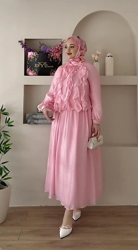 Etek Bluz Şifon Pembe Elbise