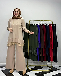 Sendy Etek Uçları Tül Detaylı Bej Renk Takim