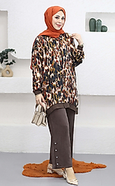 İpek Qupra Desenli Paça Zımba Detaylı Kadın Takım