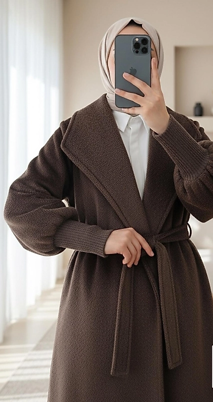 Kolu Ribanalı Şal Yaka Astarli Kaşe Kaban kahve Renk