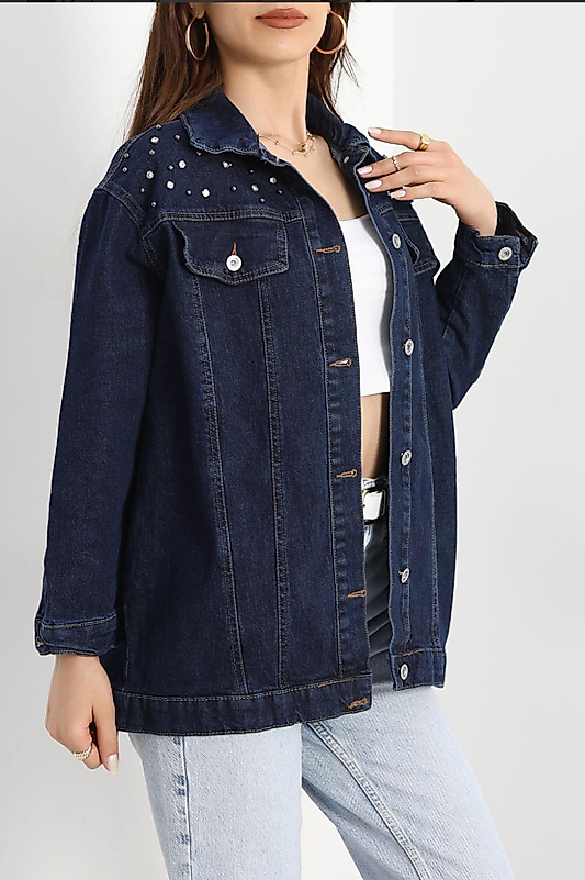 Yaka Taş Detayli Kot Ceket