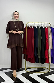 Sendy Etek Uçları Tül Detaylı Kahve Renk Takim