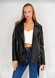 Deri Fermuarlı Cepli Ceket Siyah Renk