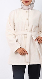 Dügmeli Beli Baglamali Kürklü Ceket Ekru Renk