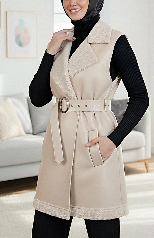 Deri İçi Kuzu Yelek  Krem Renk