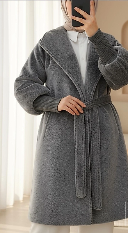 Kolu Ribanalı Şal Yaka Astarlı kaşe Kaban Füme Renk