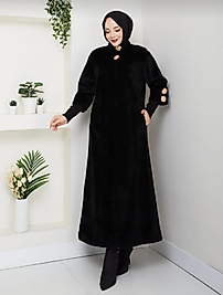 Dİk Yaka Bilek Ucu Ribanalı Gold Düğme Detaylı Fok Kumaş Şık Kaban Siyah Renk