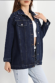 Yaka Taş Detayli Kot Ceket