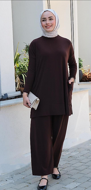 Sendy Kumaş Yanları Cepli Kahve Renk Takim