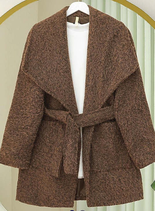 Geniş Yakalı Beli Kemerli Cepli Kaşe Kaban Kahve Renk