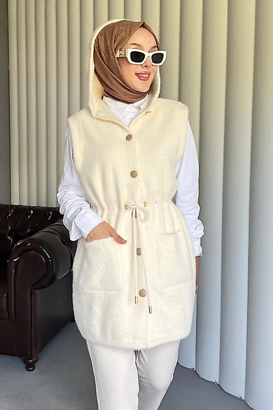 Angora Kapşonlu Cepli Beli Baglamali Yelek