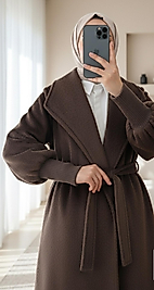 Kolu Ribanalı Şal Yaka Astarli Kaşe Kaban kahve Renk