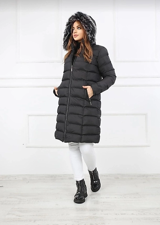 Şişme Mont Kapişonu Kürklü Siyah Renk