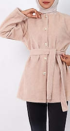 Dügmeli Beli Baglamali Kürklü Ceket Bej Renk