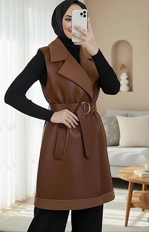 Deri İçi Kuzu Yelek  Kahve Renk