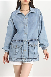 Körüklü Cep Detaylı Kot Ceket Açık Mavi