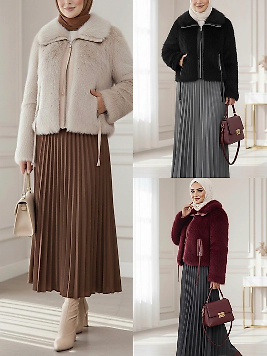 Deri Garnili İçi Astarlı Femuarli İp Detayli Kürk Mont