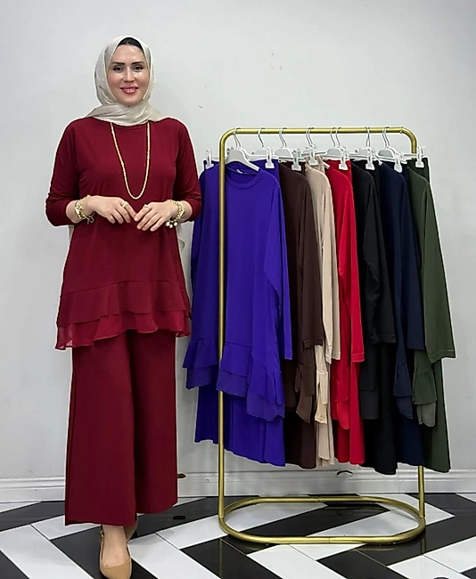 Sendy Etek Uçları Tül Detaylı Bordo Renk Takim