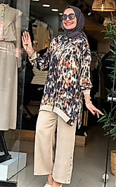 İpek Qupra Desenli Paça Zımba Detaylı Kadın Takım