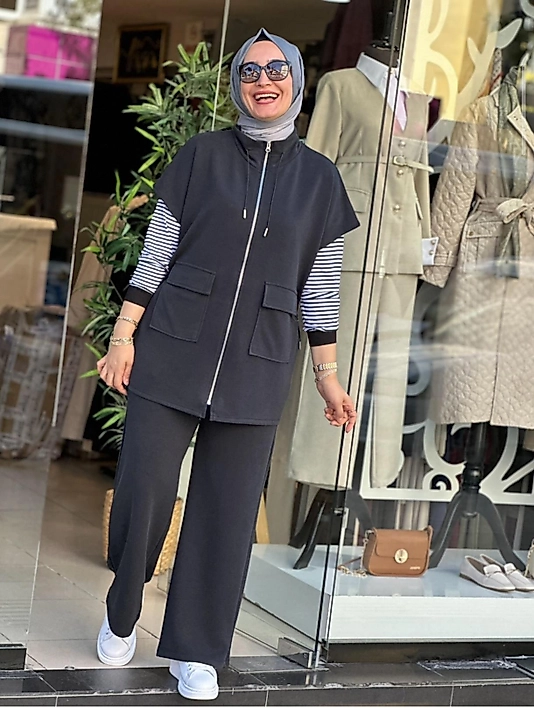 Oshıo  Kumaş Yelek Pantolon takım Siyah Renk