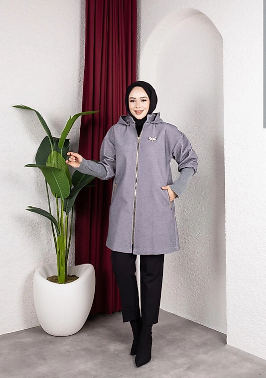 Tay Tüyü Angora triko Kol detaylı kaban Gri renk