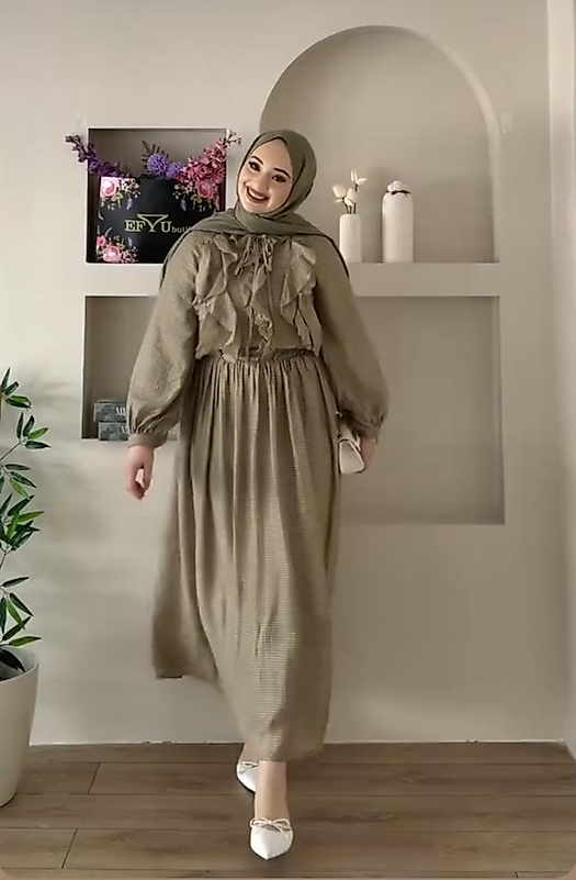 Etek Bluz Şifon Haki Renk Elbise