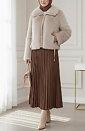 Deri Garnili İçi Astarlı Femuarli İp Detayli Kürk Mont Taş Renk