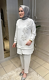 Çiçek Detaylı İkili Kadın Takım Beyaz