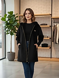 Angora Fermuarlı Cepli Kaban Siyah Renk