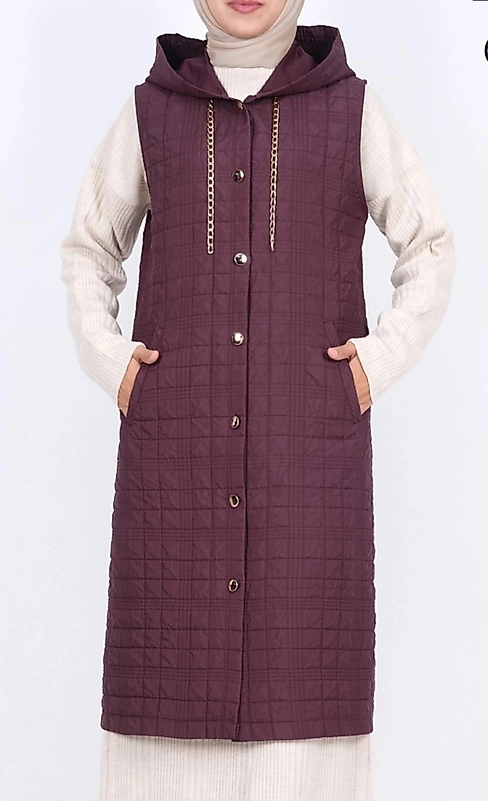 Kapitone Yelek  Zincir Detaylı Mürdüm Renk