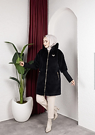 Tay Tüyü Angora triko Kol detaylı kaban Siyah renk