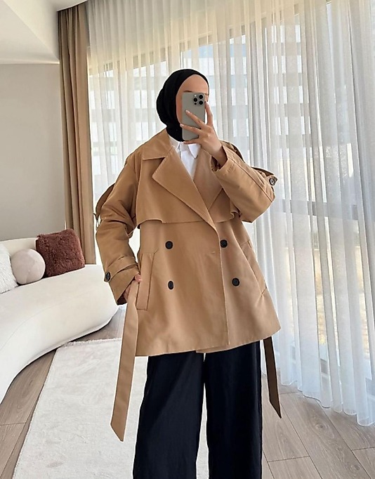 Kısa Trenç Kot Taba Renk