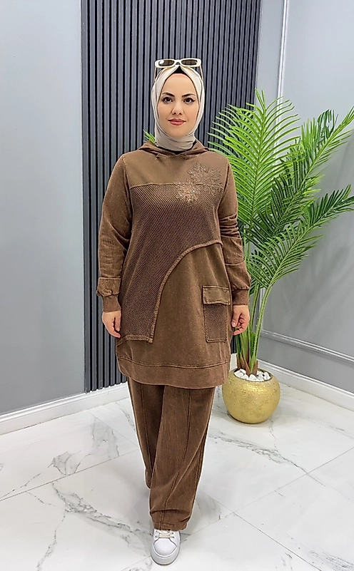 İthal Pamuk File Detaylı Kadın Takım – Kahverengi