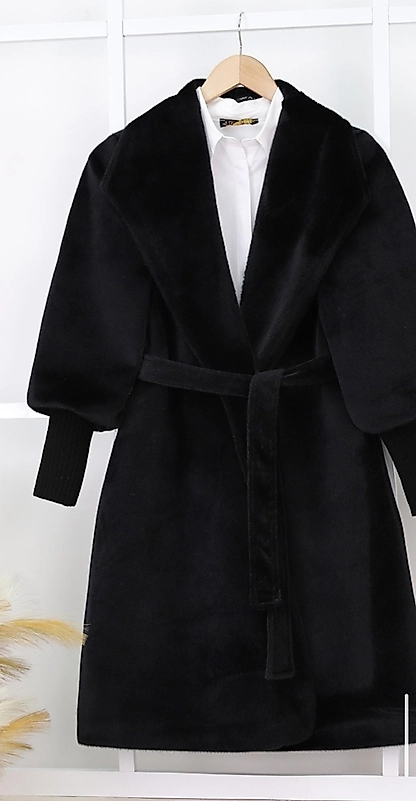 Kolu Ribanalı Şal Yaka Astarlı kaşe Kaban Siyah Renk