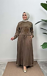 İpek Qupra Etekli Kadın Takım – Kahverengi