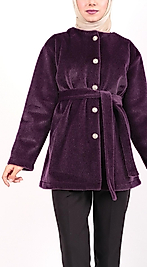 Dügmeli Beli Baglamali Kürklü Ceket Mürdüm Renk