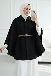 Tek Düğmeli Beli Kemerli Sakalli Panço Siyah Renk