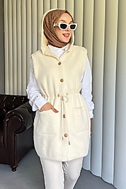 Angora Kapşonlu Cepli Beli Baglamali Yelek