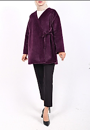 Beli Baglamali Yandan Kürklü Ceket Mürdüm renk