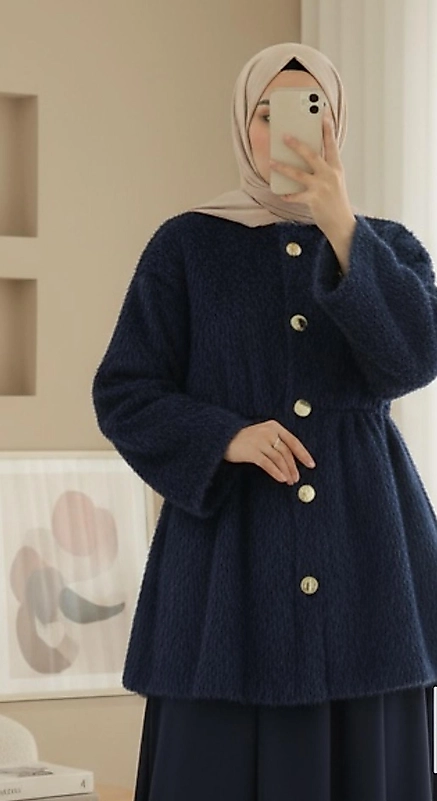 İçi Astarlı Beli Büzgülü Kürklü Ceket Lacivert Renk