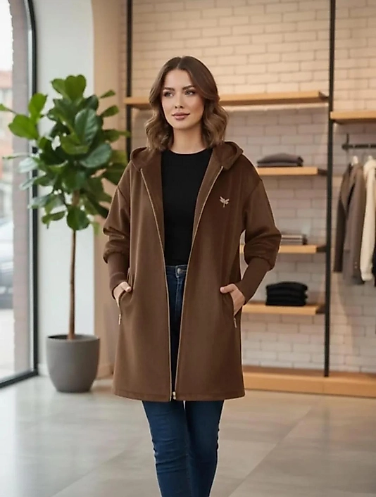 Angora Fermuarlı Cepli Kaban Kahve Renk