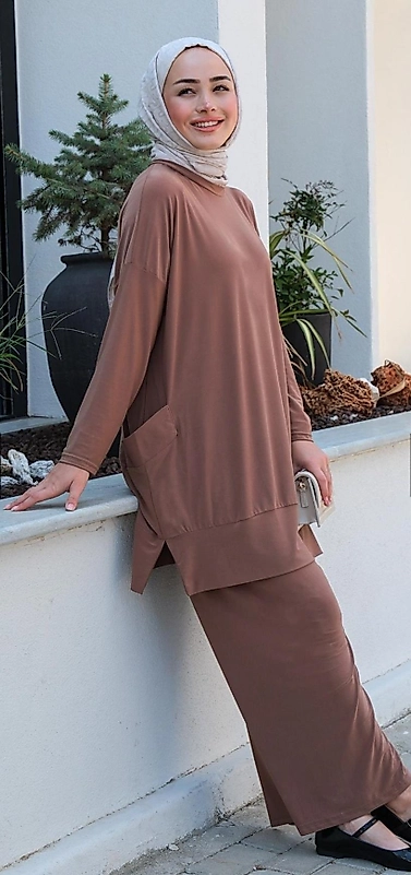 Sendy Kumaş Yanları Cepli Tarçin Renk Takim