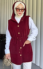 Angora Kapişonlu Yelek Bordo Renk