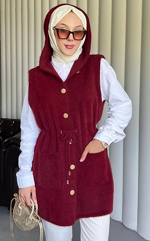 Angora Kapişonlu Yelek Bordo Renk