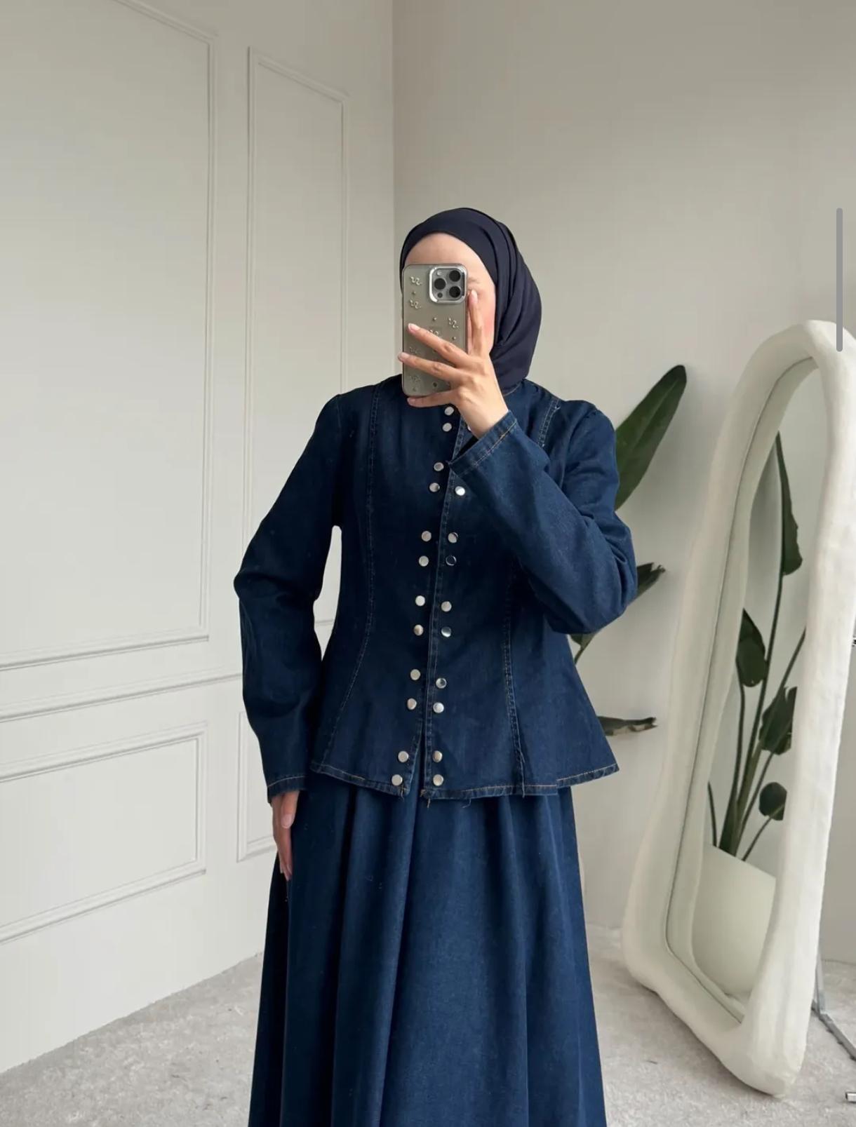 Kot Etek Bluz Takım Koyu Mavi Zımba detaylı