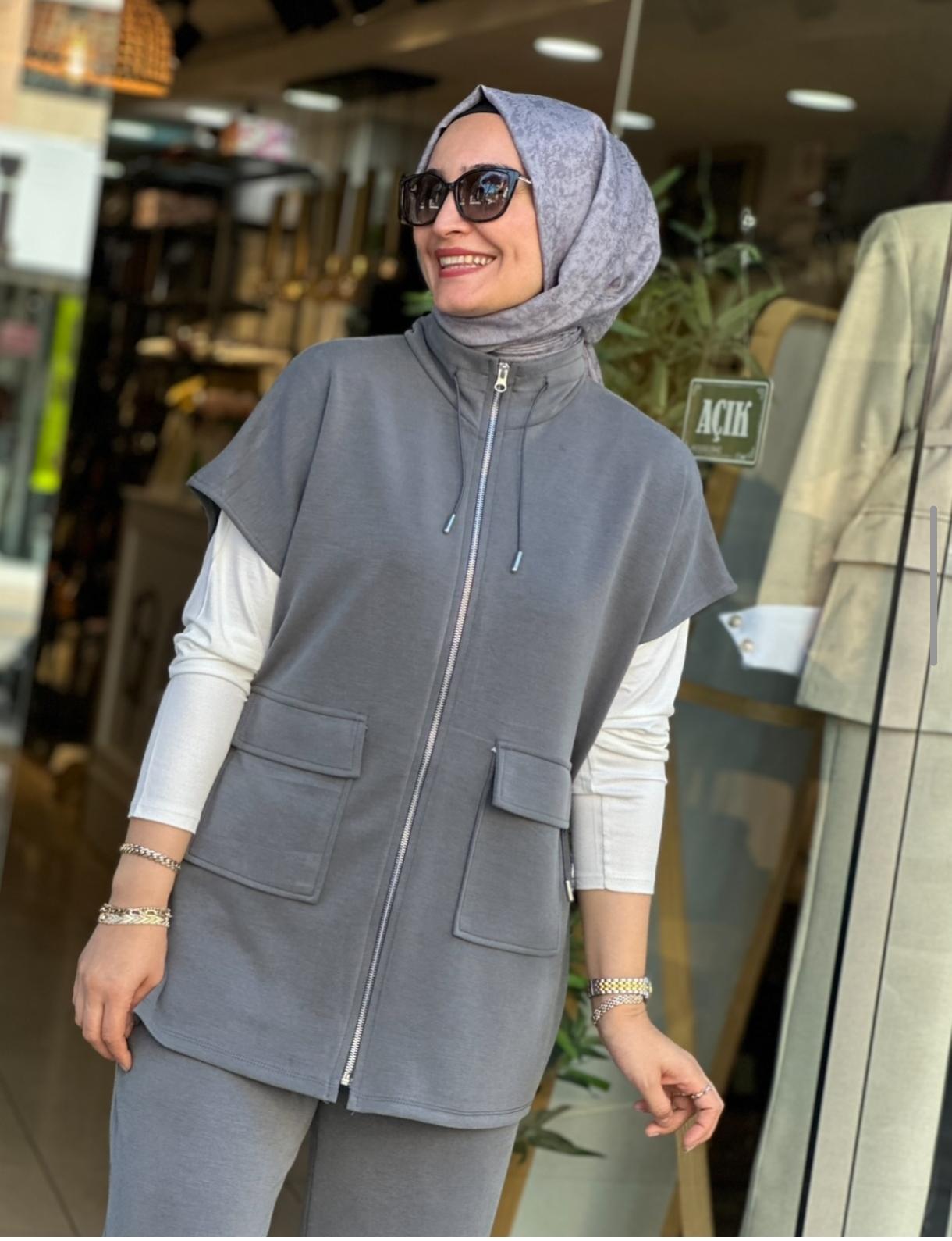 Oshıo  Kumaş Yelek Pantolon takım Gri Renk